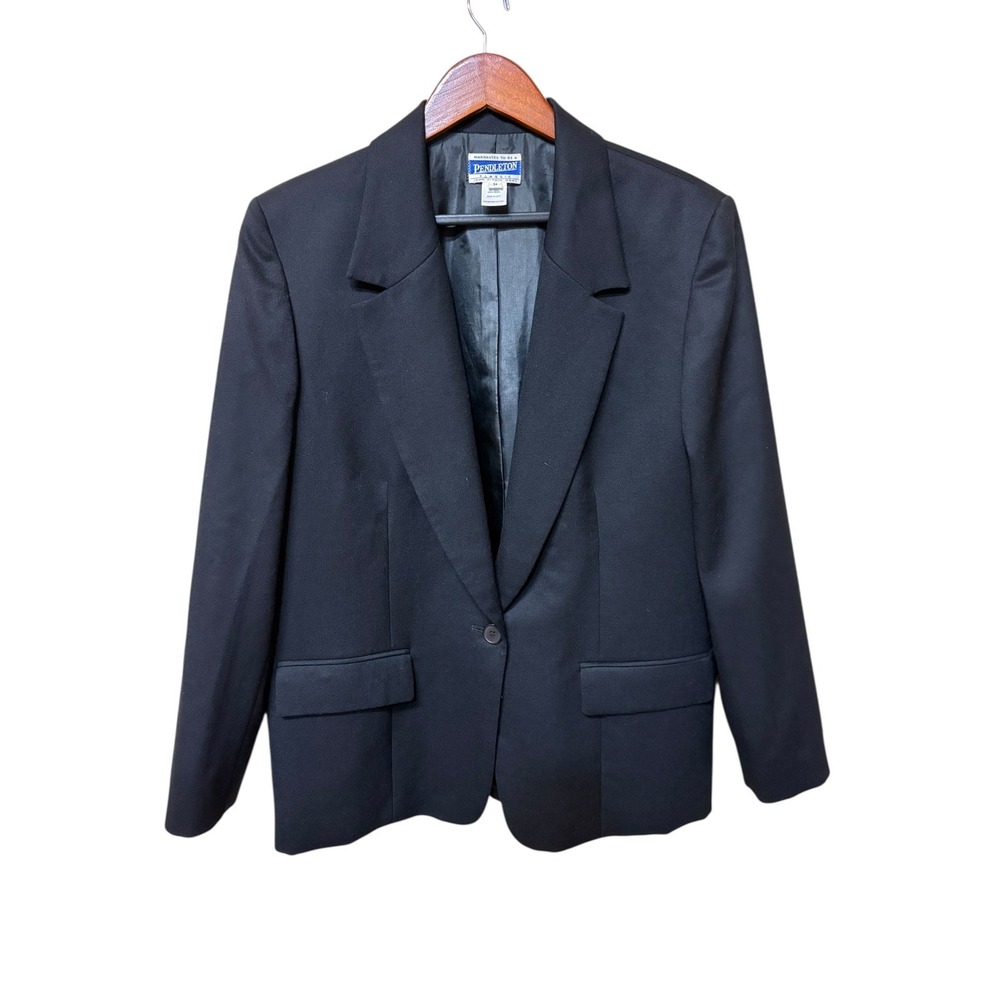 Vintage Pendleton 100% Virgin Wool Black Single Button Front Pockets Blazer - 14
